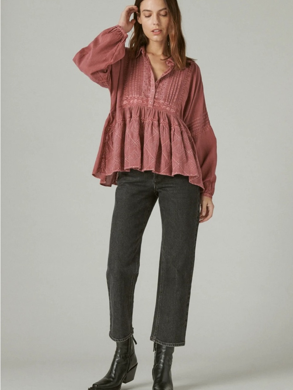 Lucky Brand Dusty Rose Boho Embroidered Peplum Top XL Oversized Eyelet Blouse - Picture 2 of 8